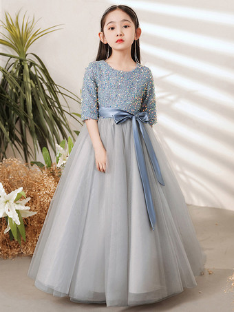 スレートグレー フラワーガールドレス ブルーグレー チュール 半袖 ジュエルネック フラワーガールドレス