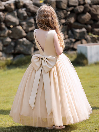 フラワーガールドレス シャンパンサテン生地 ノースリーブ ジュエルネック フラワーガールドレス