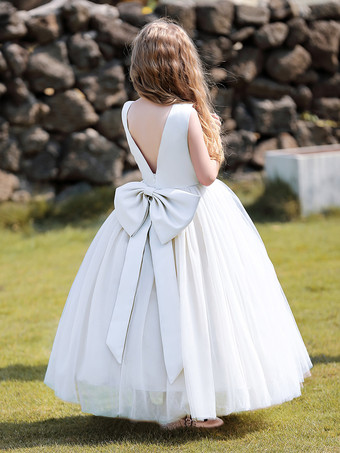 ホワイト フラワーガールドレス シャンパンサテン生地 ノースリーブ ジュエルネック フラワーガールドレス