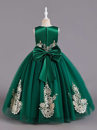 フラワーガールドレスグリーンサテン生地ノースリーブジュエルネックフラワーガールドレス