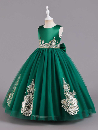 フラワーガールドレスグリーンサテン生地ノースリーブジュエルネックフラワーガールドレス