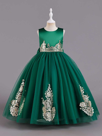 グリーン フラワーガールドレスグリーンサテン生地ノースリーブジュエルネックフラワーガールドレス