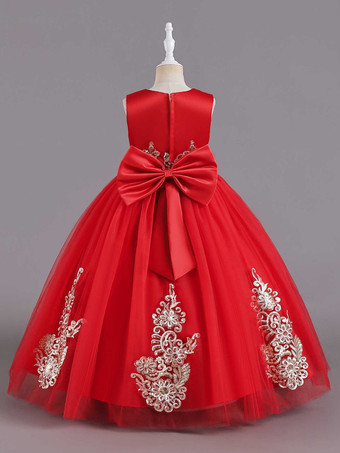 フラワーガールドレスグリーンサテン生地ノースリーブジュエルネックフラワーガールドレス