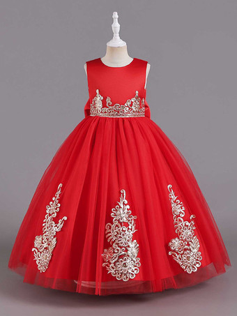 レッド フラワーガールドレスグリーンサテン生地ノースリーブジュエルネックフラワーガールドレス