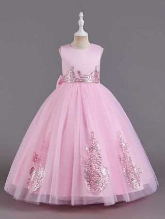 ピンクフラワーガールドレスグリーンサテン生地ノースリーブジュエルネックフラワーガールドレス