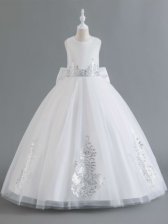 ホワイト フラワーガールドレスグリーンサテン生地ノースリーブジュエルネックフラワーガールドレス