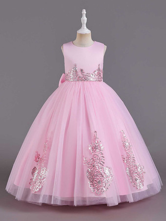 フラワーガールドレスグリーンサテン生地ノースリーブジュエルネックフラワーガールドレス