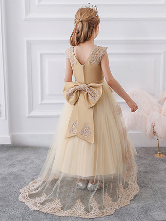 フラワーガールドレス シャンパンレース ノースリーブ ジュエルネック フラワーガールドレス