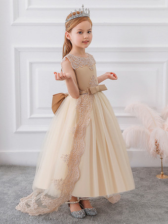 フラワーガールドレス シャンパンレース ノースリーブ ジュエルネック フラワーガールドレス