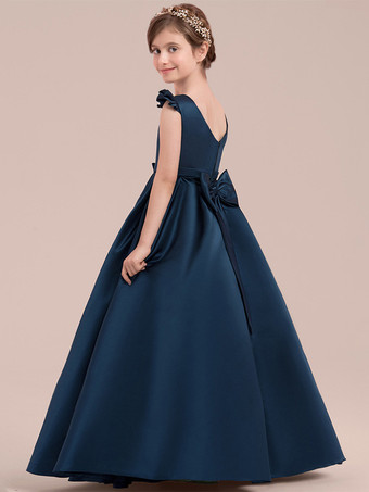 フラワーガールドレス ダークネイビー サテン生地 ノースリーブ ジュエルネック フラワーガールドレス