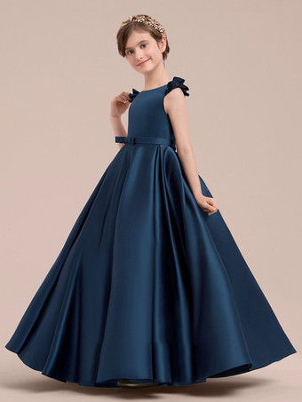 フラワーガールドレス ダークネイビー サテン生地 ノースリーブ ジュエルネック フラワーガールドレス