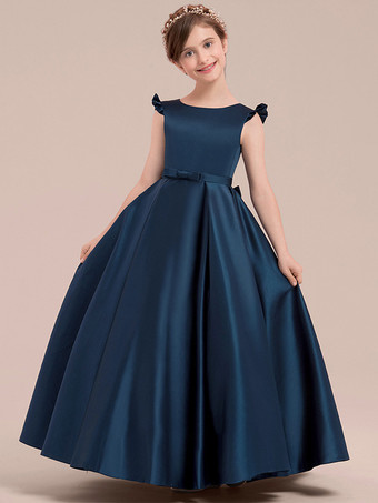 フラワーガールドレス ダークネイビー サテン生地 ノースリーブ ジュエルネック フラワーガールドレス