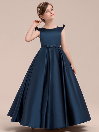 ダークネイビーフラワーガールドレス ダークネイビー サテン生地 ノースリーブ ジュエルネック フラワーガールドレス