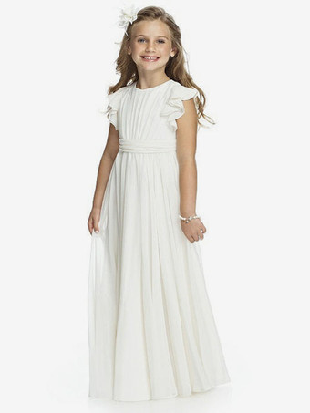 アイボリーフラワーガールドレス アイボリーシフォン半袖ジュエルネックフラワーガールドレス