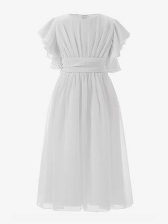 ホワイト フラワーガールドレス アイボリーシフォン半袖ジュエルネックフラワーガールドレス