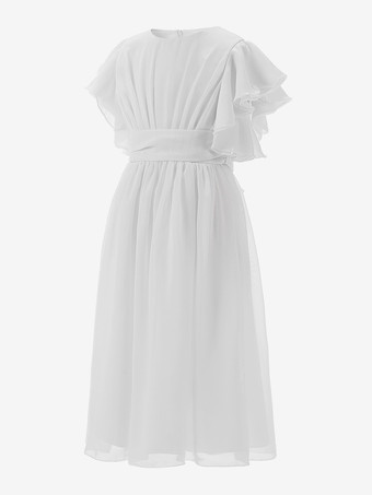 フラワーガールドレス アイボリーシフォン半袖ジュエルネックフラワーガールドレス