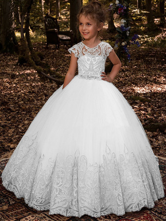 アイボリーホワイトフラワーガールドレスシャンパンチュール半袖ジュエルネックフラワーガールドレス