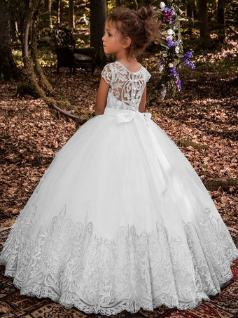 ホワイトフラワーガールドレスシャンパンチュール半袖ジュエルネックフラワーガールドレス