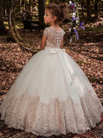 ホワイトフラワーガールドレスシャンパンチュール半袖ジュエルネックフラワーガールドレス