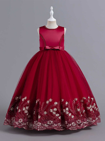 バーガンディーフラワーガールドレス ピンク レース ノースリーブ ジュエルネック フラワーガールドレス
