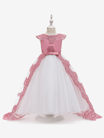 カメオピンクフラワーガールドレス シャンパンレース ノースリーブ ジュエルネック フラワーガールドレス