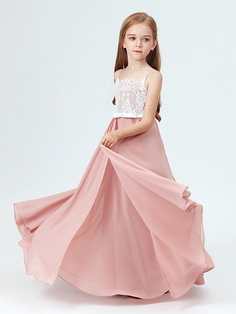 フラワーガールドレス ソフトピンク レース ノースリーブ スクエアネック フラワーガールドレス