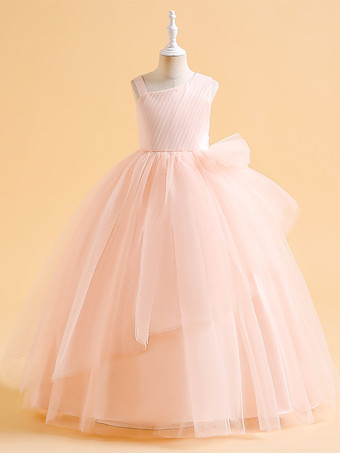 ソフトピンクフラワーガールドレス グリーン クリスマス チュール ノースリーブ デザインネックライン フラワーガールドレス