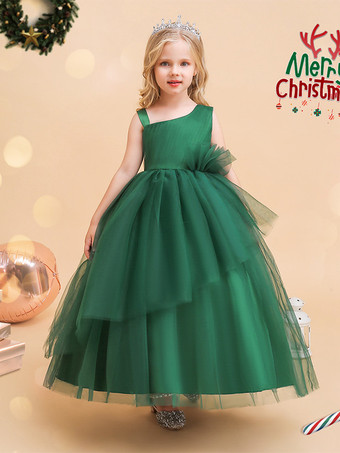 グリーン フラワーガールドレス グリーン クリスマス チュール ノースリーブ デザインネックライン フラワーガールドレス