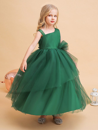 フラワーガールドレス グリーン クリスマス チュール ノースリーブ デザインネックライン フラワーガールドレス