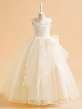 シャンパンカラーフラワーガールドレス グリーン クリスマス チュール ノースリーブ デザインネックライン フラワーガールドレス