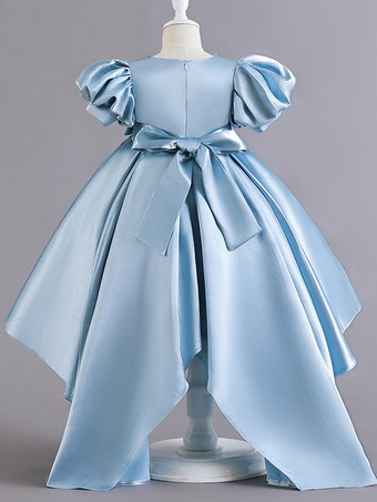 フラワーガールドレス ベビーブルー サテン生地 半袖 ジュエルネック フラワーガールドレス