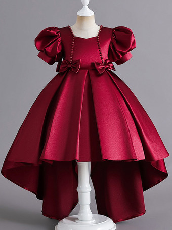 レッド フラワーガールドレス ベビーブルー サテン生地 半袖 ジュエルネック フラワーガールドレス