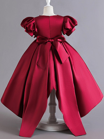 フラワーガールドレス ベビーブルー サテン生地 半袖 ジュエルネック フラワーガールドレス