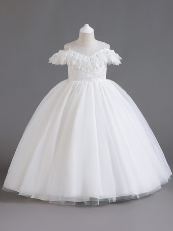 ホワイト ホワイトフラワーガールドレスホワイトチュール半袖ジュエルネックフラワーガールドレス