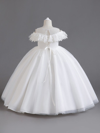ホワイトフラワーガールドレスホワイトチュール半袖ジュエルネックフラワーガールドレス