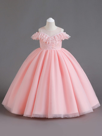 ピンクホワイトフラワーガールドレスホワイトチュール半袖ジュエルネックフラワーガールドレス