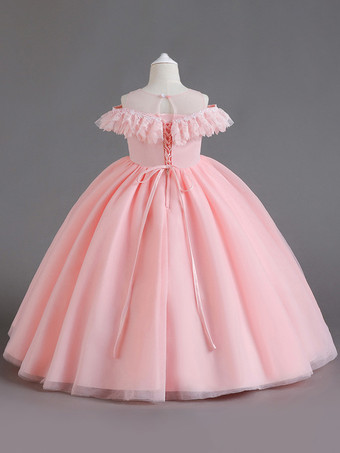 ホワイトフラワーガールドレスホワイトチュール半袖ジュエルネックフラワーガールドレス