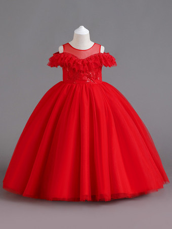 レッド ホワイトフラワーガールドレスホワイトチュール半袖ジュエルネックフラワーガールドレス