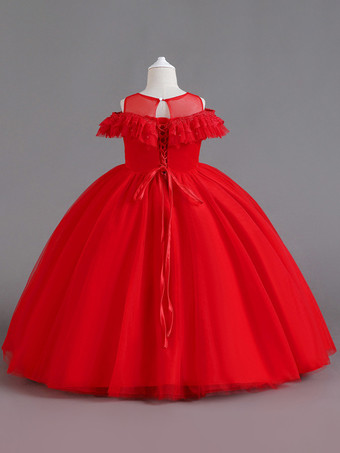 ホワイトフラワーガールドレスホワイトチュール半袖ジュエルネックフラワーガールドレス