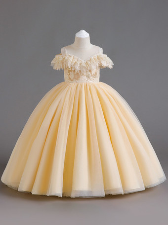 シャンパンカラーホワイトフラワーガールドレスホワイトチュール半袖ジュエルネックフラワーガールドレス