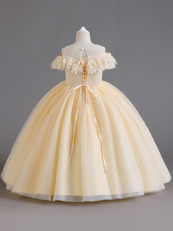 ホワイトフラワーガールドレスホワイトチュール半袖ジュエルネックフラワーガールドレス