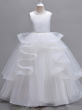 ホワイト フラワーガールドレス ピンク チュール ノースリーブ ジュエルネック フラワーガールドレス