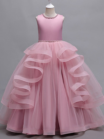 ピンクフラワーガールドレス ピンク チュール ノースリーブ ジュエルネック フラワーガールドレス