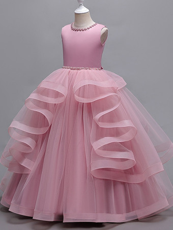フラワーガールドレス ピンク チュール ノースリーブ ジュエルネック フラワーガールドレス