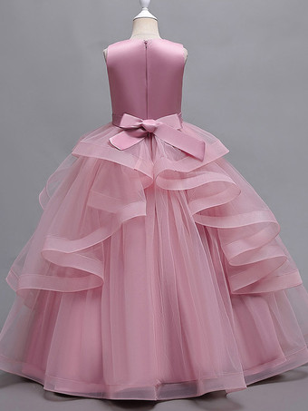 フラワーガールドレス ピンク チュール ノースリーブ ジュエルネック フラワーガールドレス