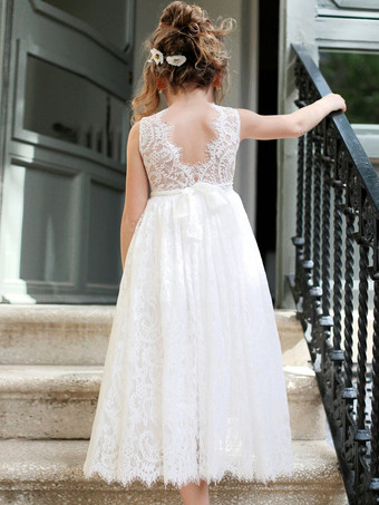 ホワイト ホワイトフラワーガールドレス アイボリーチュール ノースリーブ ジュエルネック フラワーガールドレス