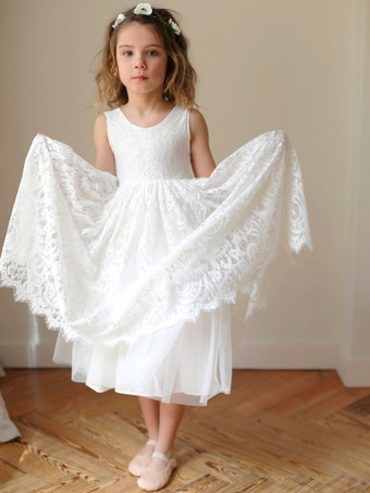 ホワイトフラワーガールドレス アイボリーチュール ノースリーブ ジュエルネック フラワーガールドレス