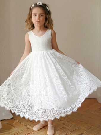 ホワイトフラワーガールドレス アイボリーチュール ノースリーブ ジュエルネック フラワーガールドレス