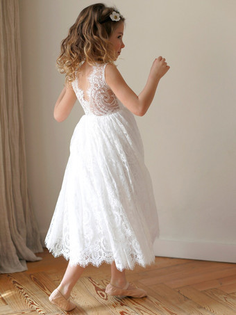 ホワイトフラワーガールドレス アイボリーチュール ノースリーブ ジュエルネック フラワーガールドレス