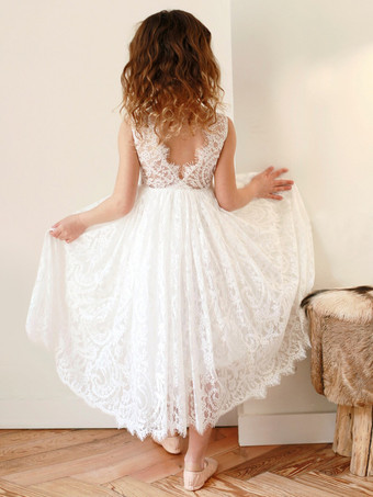 ホワイトフラワーガールドレス アイボリーチュール ノースリーブ ジュエルネック フラワーガールドレス